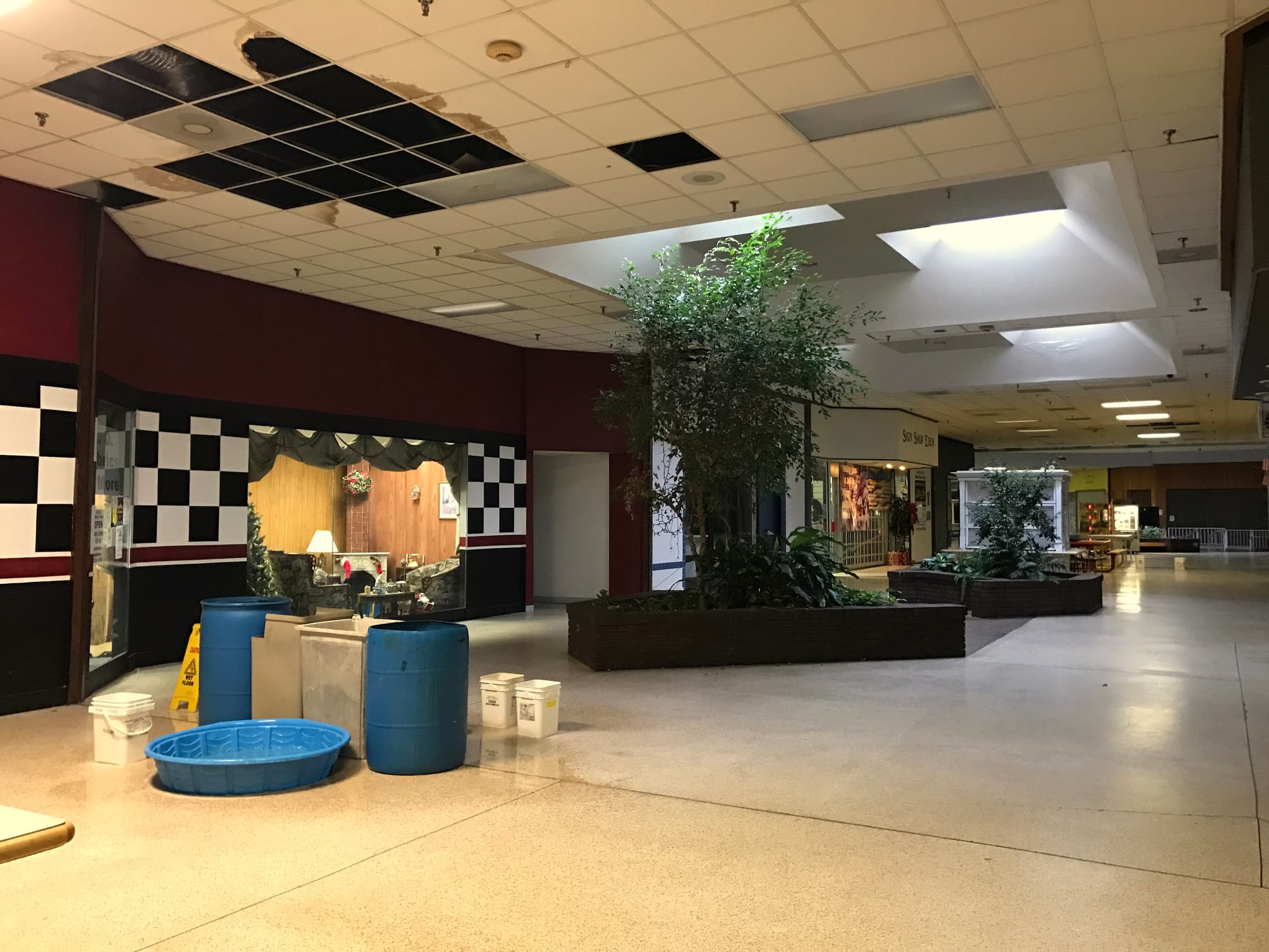 Seaux sous un faux plafond ouvert après une fuite d'eau dans un local commercial
